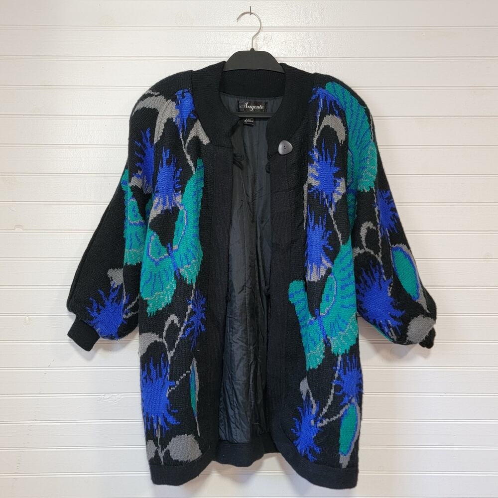 Angenie Vintage 80s Butterfly‎ Print Fuzzy Grandpa Cardigan Sweater Puff Sleeve